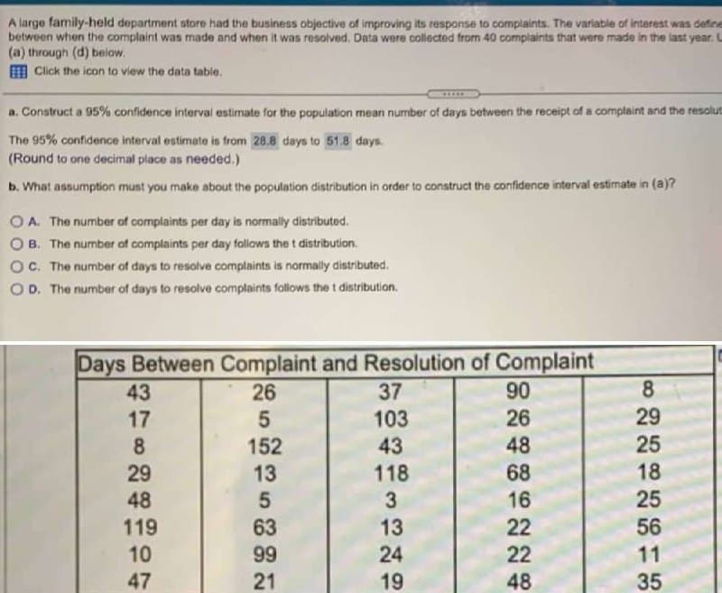 A large family-held department store had the business objective of improving its response to complaints. The variable of interest was define
between when the complaint was made and when it was resolved. Data were collected from 40 complaints that were made in the last year. U
(a) through (d) below.
E Click the icon to view the data table.
a. Construct a 95% confidence interval estimate for the population mean number of days between the receipt of a complaint and the resolut
The 95% confidence interval estimate is from 28.8 days to 51.8 days.
(Round to one decimal place as needed.)
b. What assumption must you make about the population distribution in order to construct the confidence interval estimate in (a)?
OA. The number of complaints per day is normally distributed.
B. The number of complaints per day folaws the t distribution.
OC. The number of days to resolve complaints is normally distributed.
O D. The number of days to resolve complaints follows the t distribution.
Days Between Complaint and Resolution of Complaint
37
90
26
48
43
26
17
103
29
25
152
13
8.
43
18
25
29
118
68
48
3
16
119
63
99
22
22
13
56
10
24
11
47
21
19
48
35
8.
