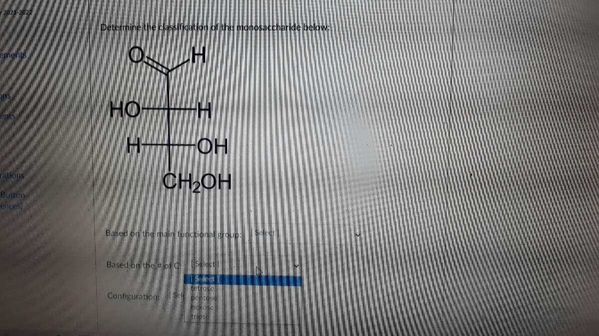 2021-2022
Determine the classification of the monosaccharide below:
ements
HO H
H OH
CHOH
rations
Bulton
ences)
Based on the main functional group: Select]
Based on the # of C
ISelect
Select
tetrosc
Configuration: Sel peptose
triose
