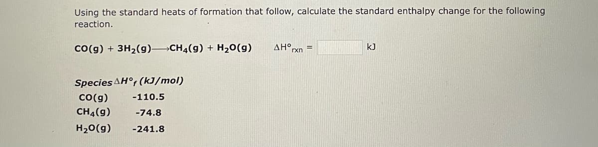 Using the standard heats of formation that follow, calculate the standard enthalpy change for the following
reaction.
CO(g) + 3H₂(g) CH4(g) + H₂O(g) ΔΗ° =
rxn
Species Hof (kJ/mol)
CO(g)
CH4 (9)
H₂O(g)
-110.5
-74.8
-241.8
kJ