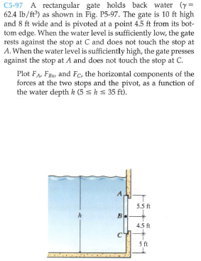C5-97 A rectangular gate holds back water (y=
62.4 lb/ft) as shown in Fig. P5-97. The gate is 10 ft high
and 8 ft wide and is pivoted at a point 4.5 ft from its bot-
tom edge. When the water level is sufficiently low, the gate
rests against the stop at C and does not touch the stop at
A. When the water level is sufficiently high, the gate presses
against the stop at A and does not touch the stop at C.
Plot FA, FBx, and Fe, the horizontal components of the
forces at the two stops and the pivot, as a function of
the water depth h (5shs 35 ft).
5.5 ft
B
4.5 ft
