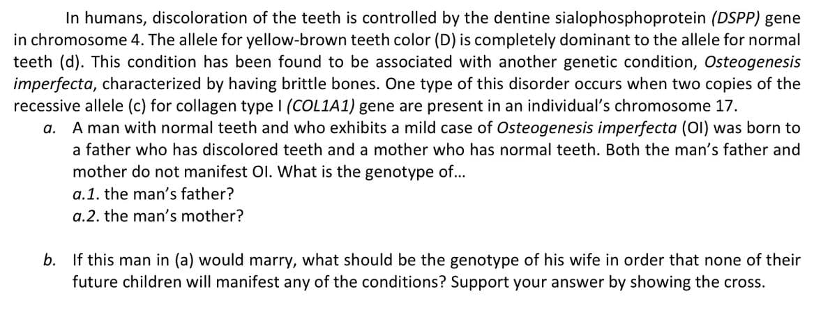 In humans, discoloration of the teeth is controlled by the dentine sialophosphoprotein (DSPP) gene
in chromosome 4. The allele for yellow-brown teeth color (D) is completely dominant to the allele for normal
teeth (d). This condition has been found to be associated with another genetic condition, Osteogenesis
imperfecta, characterized by having brittle bones. One type of this disorder occurs when two copies of the
recessive allele (c) for collagen type I (COL1A1) gene are present in an individual's chromosome 17.
A man with normal teeth and who exhibits a mild case of Osteogenesis imperfecta (OI) was born to
a father who has discolored teeth and a mother who has normal teeth. Both the man's father and
mother do not manifest OI. What is the genotype of...
a.
a.1. the man's father?
a.2. the man's mother?
b. If this man in (a) would marry, what should be the genotype of his wife in order that none of their
future children will manifest any of the conditions? Support your answer by showing the cross.

