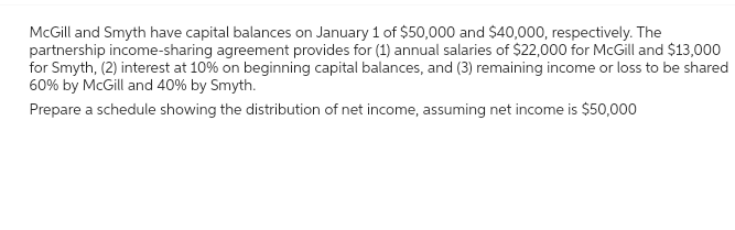 McGill and Smyth have capital balances on January 1 of $50,000 and $40,000, respectively. The
partnership income-sharing agreement provides for (1) annual salaries of $22,000 for McGill and $13,000
for Smyth, (2) interest at 10% on beginning capital balances, and (3) remaining income or loss to be shared
60% by McGill and 40% by Smyth.
Prepare a schedule showing the distribution of net income, assuming net income is $50,000