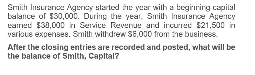Smith Insurance Agency started the year with a beginning capital
balance of $30,000. During the year, Smith Insurance Agency
earned $38,000 in Service Revenue and incurred $21,500 in
various expenses. Smith withdrew $6,000 from the business.
After the closing entries are recorded and posted, what will be
the balance of Smith, Capital?
