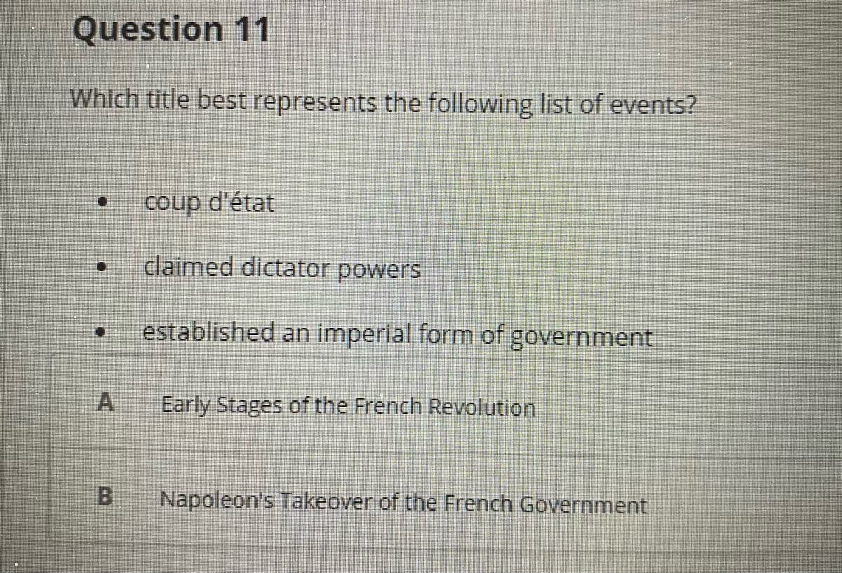 Question 11
Which title best represents the following list of events?
coup d'état
claimed dictator powers
established an imperial form of government
Early Stages of the French Revolution
Napoleon's Takeover of the French Government
