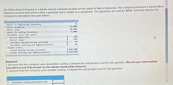Ida Sidha Karya Company is a family owned company located on the island of Bali in Indonesia. The company produces a handcrafted
Balinese musical instrument called a gamelan that is similar to a xylophone. The gamelans are sold for $898. Selected data for the
company's operations last year follow
Units in beginning inventory
Units produced
Units sold .
Units in ending inventory.
Variable costs per unit:
Direct materials
Direct labor
Variable manufacturing overhead
Variable selling and administrative
Fixed costs:
Fixed manufacturing overhead
Fixed selling and administrative
$
$
$
1 Absorption costing unit product cost
22,000
20,000
2,000
240
470
49
16
$ 640,000
$ 520,000
4
Required:
1. Assume that the company uses absorption costing. Compute the unit product cost for one gamelan (Round your intermediate
calculations and final answer to the nearest whole dollar amount.)
2. Assume that the company uses variable costing Compute the unit product cost for one gamelan.