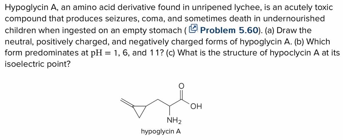 Hypoglycin A, an amino acid derivative found in unripened lychee, is an acutely toxic
compound that produces seizures, coma, and sometimes death in undernourished
children when ingested on an empty stomach ( ✓ Problem 5.60). (a) Draw the
neutral, positively charged, and negatively charged forms of hypoglycin A. (b) Which
form predominates at pH = 1, 6, and 11? (c) What is the structure of hypoclycin A at its
isoelectric point?
OH
NH2
hypoglycin A