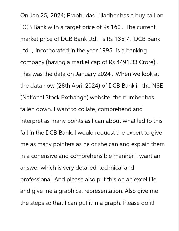 On Jan 25, 2024; Prabhudas Lilladher has a buy call on
DCB Bank with a target price of Rs 160. The current
market price of DCB Bank Ltd. is Rs 135.7. DCB Bank
Ltd., incorporated in the year 1995, is a banking
company (having a market cap of Rs 4491.33 Crore).
This was the data on January 2024. When we look at
the data now (28th April 2024) of DCB Bank in the NSE
(National Stock Exchange) website, the number has
fallen down. I want to collate, comprehend and
interpret as many points as I can about what led to this
fall in the DCB Bank. I would request the expert to give
me as many pointers as he or she can and explain them
in a cohensive and comprehensible manner. I want an
answer which is very detailed, technical and
professional. And please also put this on an excel file
and give me a graphical representation. Also give me
the steps so that I can put it in a graph. Please do it!