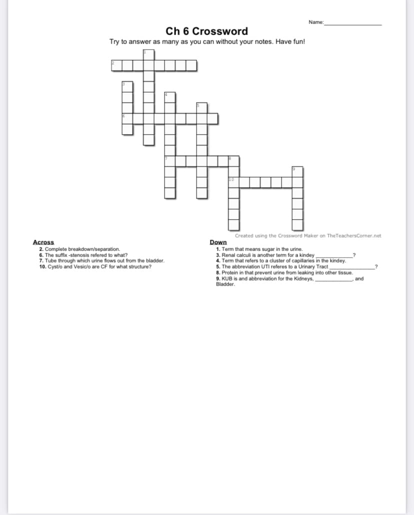 Name:
Ch 6 Crossword
Try to answer as many as you can without your notes. Have fun!
Created using the Crossword Maker on TheTeachersCorner.net
Across
2. Complete breakdown/separation.
6. The suffix -stenosis refered to what?
7. Tube through which urine flows out from the bladder.
10. Cystlo and Vesiclo are CF for what structure?
Down
1. Term that means sugar in the urine.
3. Renal calculi is another term for a kindey
4. Term that refers to a cluster of capillaries in the kindey.
5. The abbreviation UTI referes to a Urinary Tract
8. Protein in that prevent urine from leaking into other tissue.
9. KUB is and abbreviation for the Kidneys,
Bladder.
and
