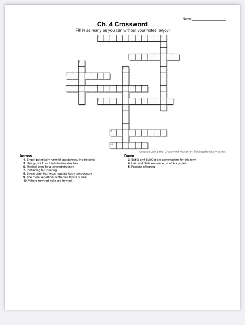 Name:
Ch. 4 Crossword
Fill in as many as you can without your notes, enjoy!
Created using the Crossword Maker on TheTeachersCorner.net
Across
1. Engulf potentially harmful substances, like bacteria
3. Hair grows from this tube-like structure
6. Medical term for a layered structure
7. Pertaining to Covering
8. Sweat glad that helps regulate body temperature
9. The more superficial of the two layers of skin
10. Where new nail cells are formed
Down
2. SubQ and SubCut are abrreviations for this term
4. Hair and Nails are made up of this protein
5. Process of buring
