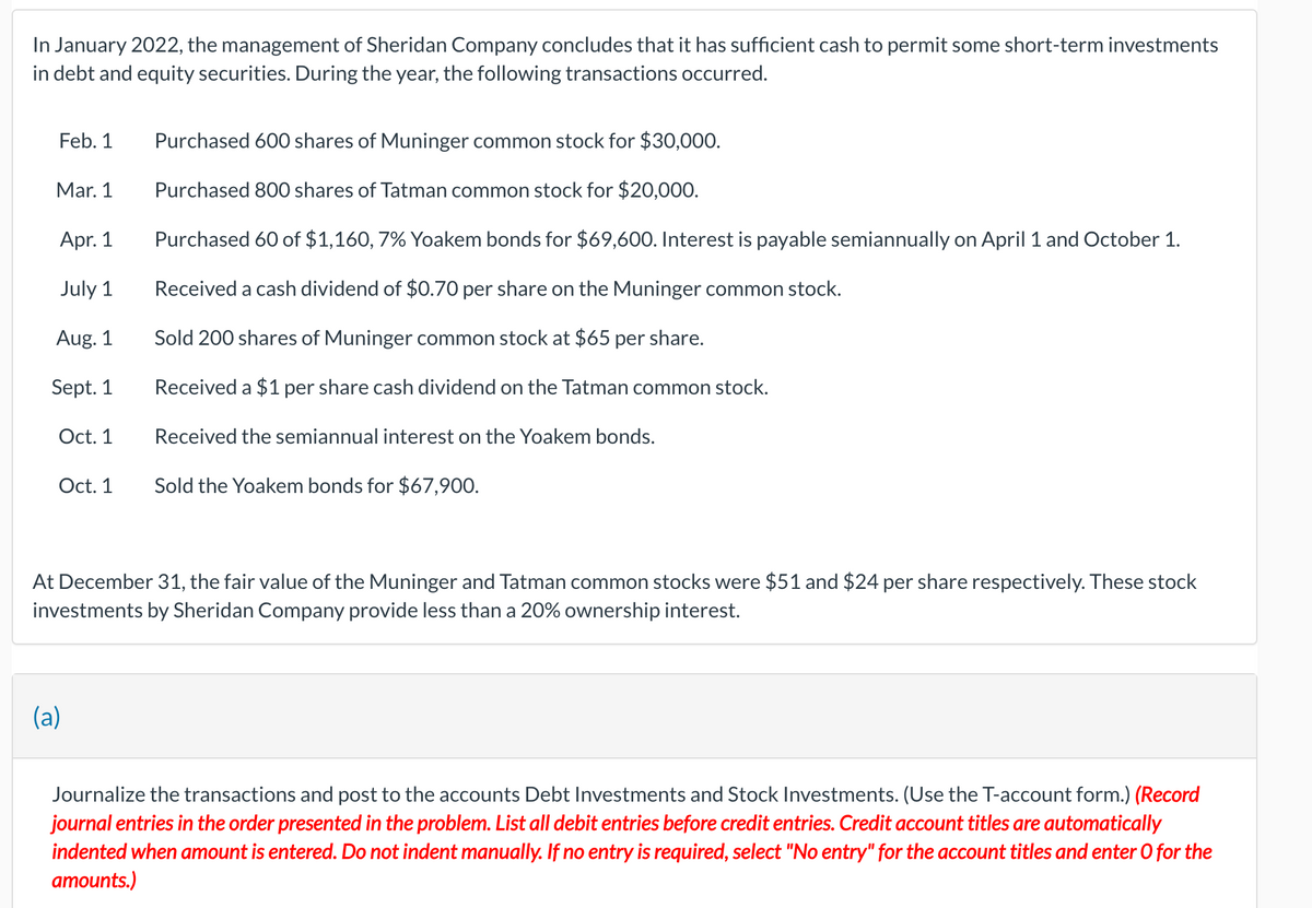 In January 2022, the management of Sheridan Company concludes that it has sufficient cash to permit some short-term investments
in debt and equity securities. During the year, the following transactions occurred.
Feb. 1
Purchased 600 shares of Muninger common stock for $30,000.
Mar. 1
Purchased 800 shares of Tatman common stock for $20,000.
Apr. 1
Purchased 60 of $1,160, 7% Yoakem bonds for $69,600. Interest is payable semiannually on April 1 and October 1.
July 1
Received a cash dividend of $0.70 per share on the Muninger common stock.
Aug. 1
Sold 200 shares of Muninger common stock at $65 per share.
Sept. 1
Received a $1 per share cash dividend on the Tatman common stock.
Oct. 1
Received the semiannual interest on the Yoakem bonds.
Oct. 1
Sold the Yoakem bonds for $67,900.
At December 31, the fair value of the Muninger and Tatman common stocks were $51 and $24 per share respectively. These stock
investments by Sheridan Company provide less than a 20% ownership interest.
(a)
Journalize the transactions and post to the accounts Debt Investments and Stock Investments. (Use the T-account form.) (Record
journal entries in the order presented in the problem. List all debit entries before credit entries. Credit account titles are automatically
indented when amount is entered. Do not indent manually. If no entry is required, select "No entry" for the account titles and enter O for the
amounts.)