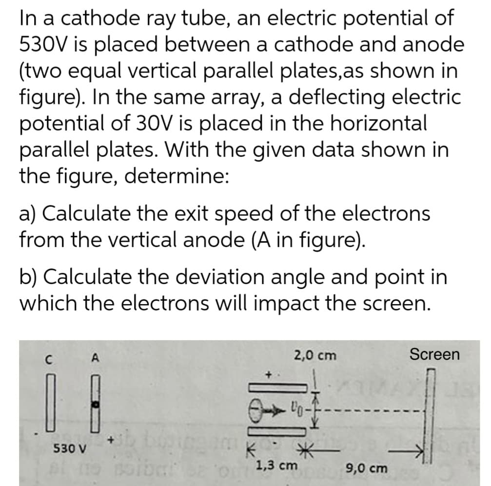 In a cathode ray tube, an electric potential of
530V is placed between a cathode and anode
(two equal vertical parallel plates,as shown in
figure). In the same array, a deflecting electric
potential of 30V is placed in the horizontal
parallel plates. With the given data shown in
the figure, determine:
a) Calculate the exit speed of the electrons
from the vertical anode (A in figure).
b) Calculate the deviation angle and point in
which the electrons will impact the screen.
530 V
A
2,0 cm
20-
*
Tom 62 o 1,3 cm
9,0 cm
Screen