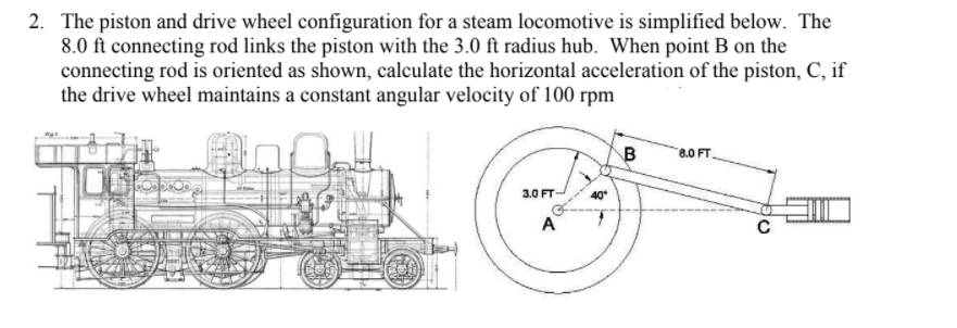 2. The piston and drive wheel configuration for a steam locomotive is simplified below. The
8.0 ft connecting rod links the piston with the 3.0 ft radius hub. When point B on the
connecting rod is oriented as shown, calculate the horizontal acceleration of the piston, C, if
the drive wheel maintains a constant angular velocity of 100 rpm
B
8.0 FT.
3.0 FT-
40
A
