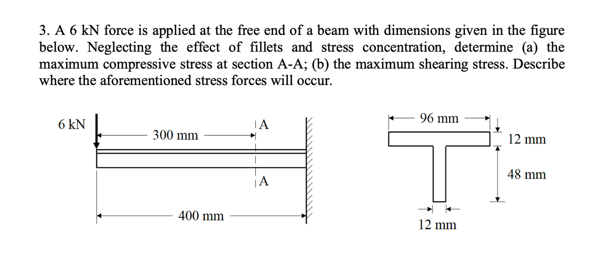 3. A 6 KN force is applied at the free end of a beam with dimensions given in the figure
below. Neglecting the effect of fillets and stress concentration, determine (a) the
maximum compressive stress at section A-A; (b) the maximum shearing stress. Describe
where the aforementioned stress forces will occur.
6 kN
300 mm
400 mm
IA
A
14
96 mm
12 mm
12 mm
48 mm