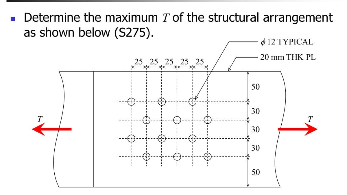 ■ Determine the maximum T of the structural arrangement
as shown below (S275).
T
I
25 25 25 25 25
12 TYPICAL
20 mm THK PL
50
30
30
30
50
T