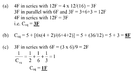 (a)
4F in series with 12F = 4 x 12/(16) = 3F
3F in parallel with 6F and 3F = 3+6+3 = 12F
4F in series with 12F = 3F
i.e. Ceq = 3F
(b) Ceq = 5+ [6x(4 + 2)/(6+4+2)]= 5 + (36/12) = 5 + 3 = 8F
(c)
3F in series with 6F = (3 x 6)/9 = 2F
1
1. 1
1
= 1
+
6 3
Coq = 1F
