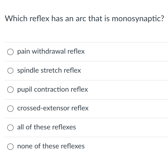 Which reflex has an arc that is monosynaptic?
O pain withdrawal reflex
spindle stretch reflex
pupil contraction reflex
crossed-extensor reflex
all of these reflexes
none of these reflexes