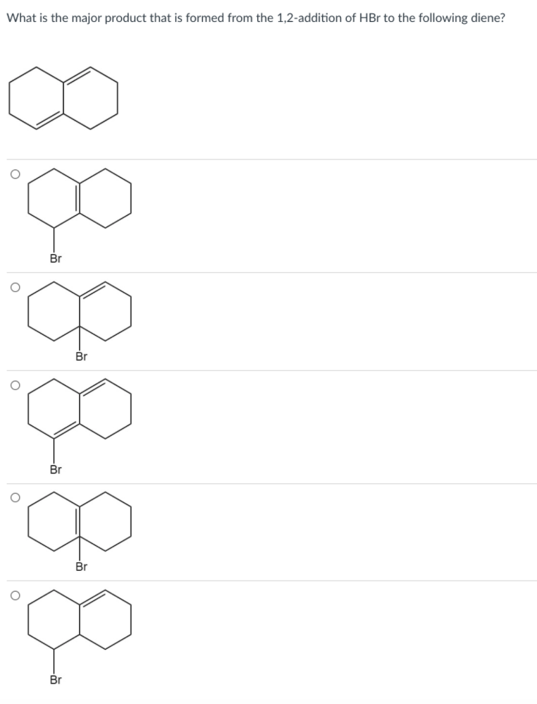 What is the major product that is formed from the 1,2-addition of HBr to the following diene?
Br
Br
Br
Br
Br
8-8-8.
