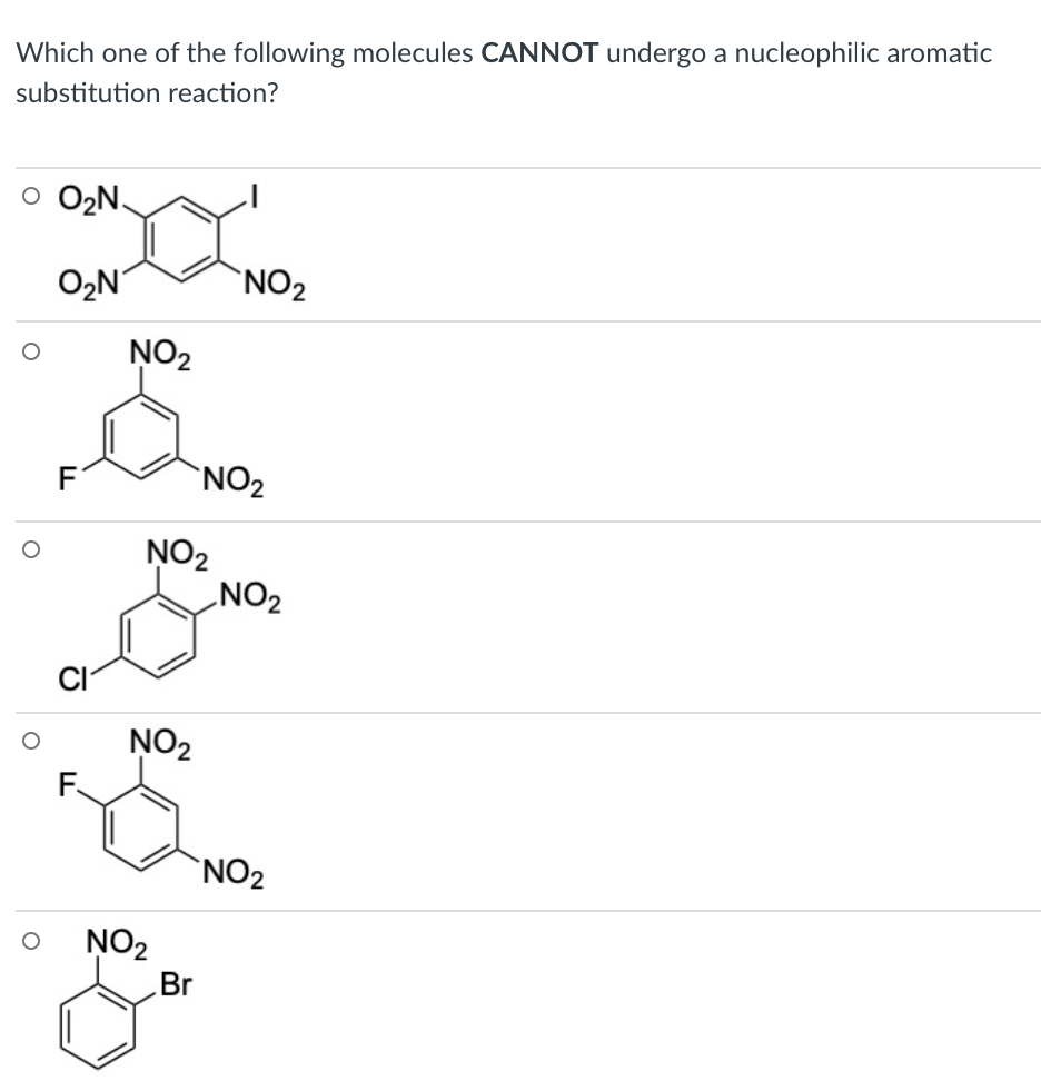 Which one of the following molecules CANNOT undergo a nucleophilic aromatic
substitution reaction?
o O2N.
O,N
`NO2
NO2
F
NO2
NO2
NO2
NO2
`NO2
NO2
Br
