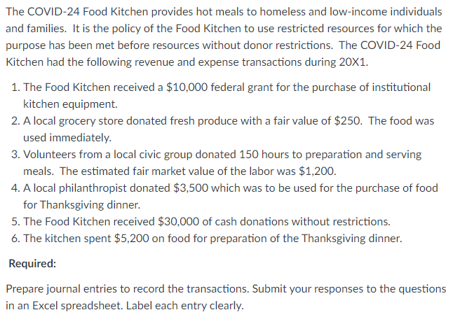 The COVID-24 Food Kitchen provides hot meals to homeless and low-income individuals
and families. It is the policy of the Food Kitchen to use restricted resources for which the
purpose has been met before resources without donor restrictions. The COVID-24 Food
Kitchen had the following revenue and expense transactions during 20X1.
1. The Food Kitchen received a $10,000 federal grant for the purchase of institutional
kitchen equipment.
2. A local grocery store donated fresh produce with a fair value of $250. The food was
used immediately.
3. Volunteers from a local civic group donated 150 hours to preparation and serving
meals. The estimated fair market value of the labor was $1,200.
4. A local philanthropist donated $3,500 which was to be used for the purchase of food
for Thanksgiving dinner.
5. The Food Kitchen received $30,000 of cash donations without restrictions.
6. The kitchen spent $5,200 on food for preparation of the Thanksgiving dinner.
Required:
Prepare journal entries to record the transactions. Submit your responses to the questions
in an Excel spreadsheet. Label each entry clearly.
