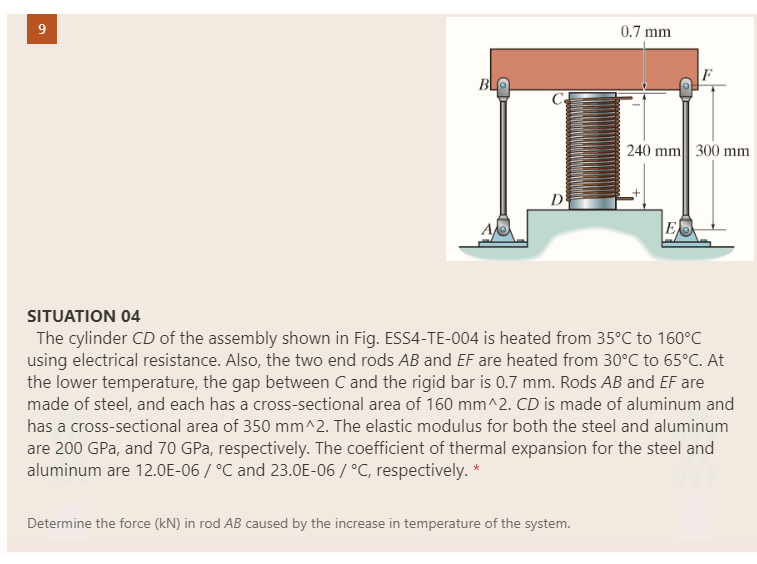 0.7 mm
F
BL
C
240 mm 300 mm
D
SITUATION 04
The cylinder CD of the assembly shown in Fig. ESS4-TE-004 is heated from 35°C to 160°C
using electrical resistance. Also, the two end rods AB and EF are heated from 30°C to 65°C. At
the lower temperature, the gap between C and the rigid bar is 0.7 mm. Rods AB and EF are
made of steel, and each has a cross-sectional area of 160 mm^2. CD is made of aluminum and
has a cross-sectional area of 350 mm^2. The elastic modulus for both the steel and aluminum
are 200 GPa, and 70 GPa, respectively. The coefficient of thermal expansion for the steel and
aluminum are 12.0E-06 / °C and 23.0E-06 / °C, respectively. *
Determine the force (kN) in rod AB caused by the increase in temperature of the system.
9.
