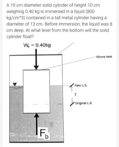 A 10 cm diameter solid cylinder of height 10 cm
weighing 0.40 kg is immersed in a liquid (800
kg/cm^3) contained in a tall metal cylinder having a
diameter of 13 cm. Before immersion, the liquid was 8
cm deep. At what level from the bottom will the solid
cylinder float?
W, = 0.40kg
%3D
10cme tank
New L.S.
Original L.S
F,
