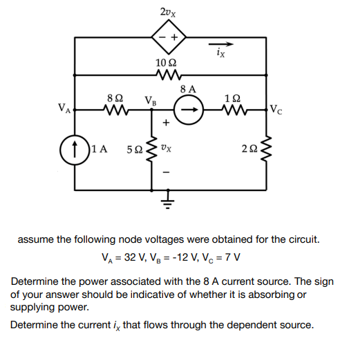 20x
ix
10 Ω
8 A
VB
82
12
VA
Vc
Vx
f 1A
assume the following node voltages were obtained for the circuit.
VA = 32 V, Vg = -12 V, Vc = 7 V
Determine the power associated with the 8 A current source. The sign
of your answer should be indicative of whether it is absorbing or
supplying power.
Determine the current i, that flows through the dependent source.

