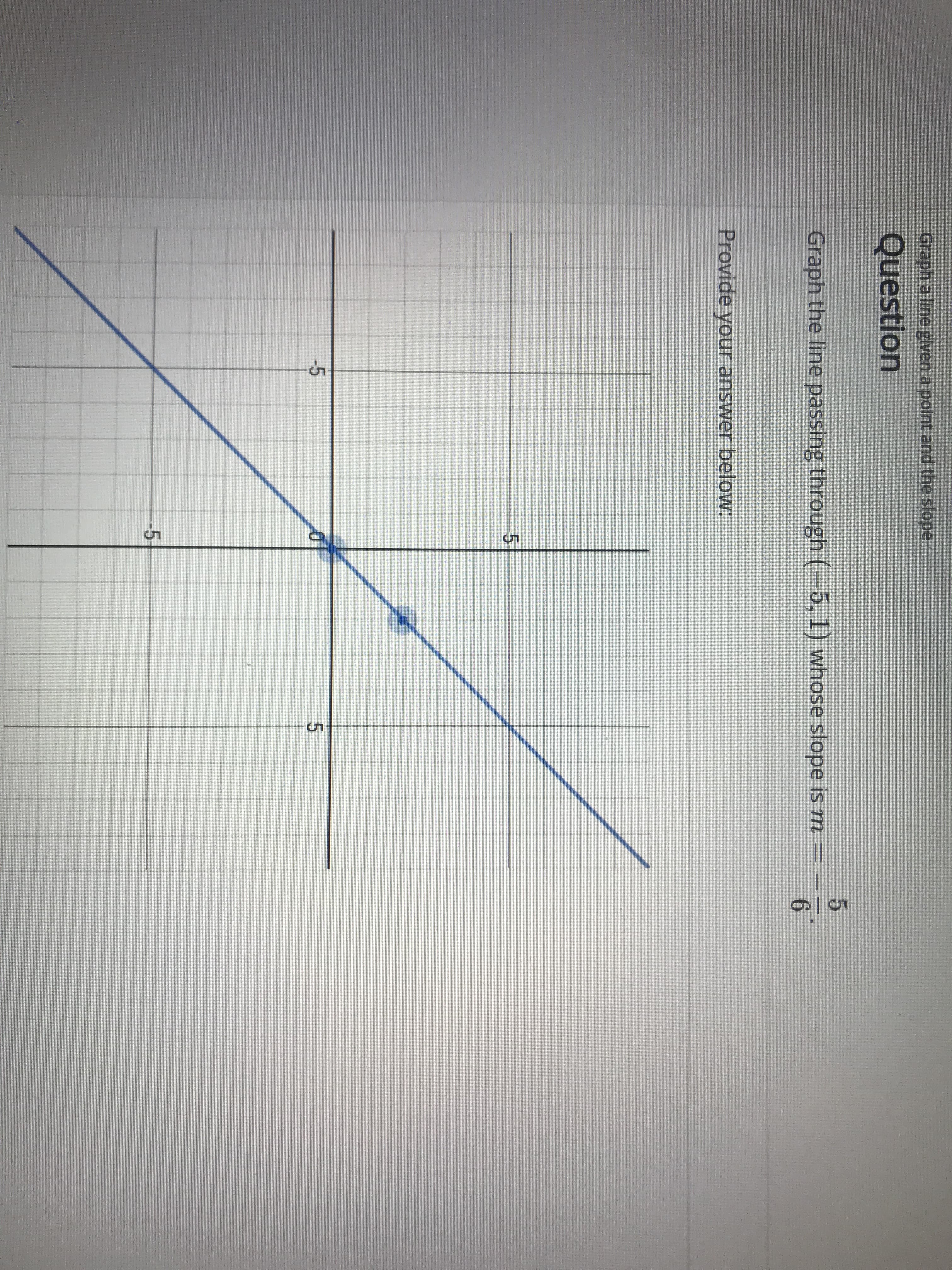 Graph a line glven a polnt and the slope
Question
Graph the line passing through (-5, 1) whose slope is m
6
Provide your answer below:
5
-5
5
5
