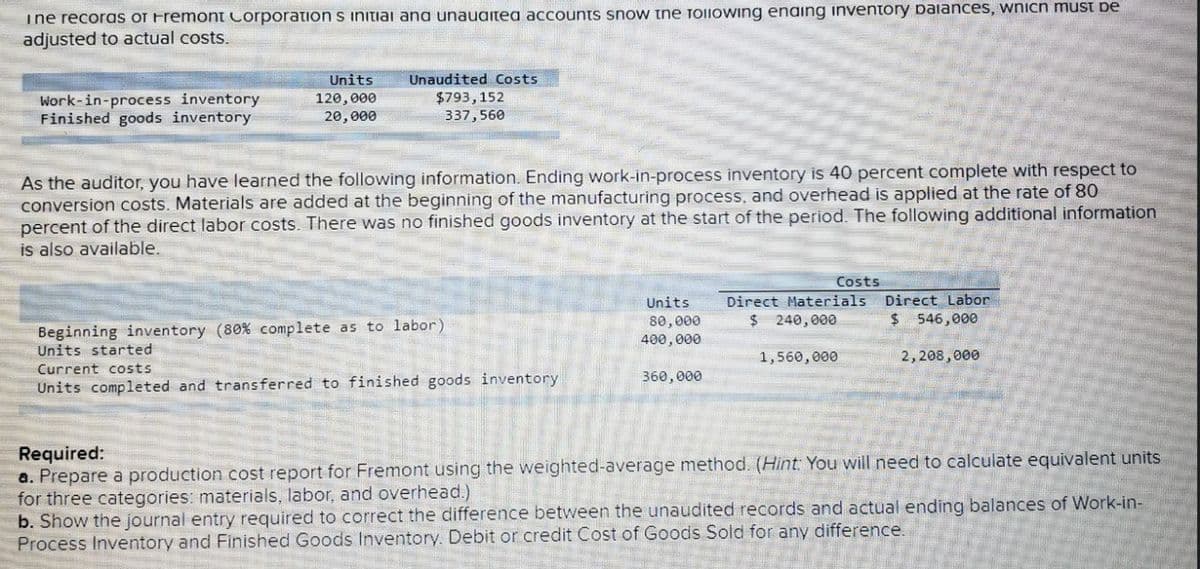 ine records of Fremont Corporation s initial and unaudited accounts snow the Tollowing enaing inventory balances, which must be
adjusted to actual costs.
Work-in-process inventory
Finished goods inventory
Units
120,000
20,000
Unaudited Costs
$793,152
337,560
As the auditor, you have learned the following information. Ending work-in-process inventory is 40 percent complete with respect to
conversion costs. Materials are added at the beginning of the manufacturing process, and overhead is applied at the rate of 80
percent of the direct labor costs. There was no finished goods inventory at the start of the period. The following additional information
is also available.
Costs
Beginning inventory (80% complete as to labor)
Units
80,000
Direct Materials
Direct Labor
$ 240,000
$ 546,000
Units started
400,000
Current costs
1,560,000
2,208,000
Units completed and transferred to finished goods inventory
360,000
Required:
a. Prepare a production cost report for Fremont using the weighted-average method. (Hint: You will need to calculate equivalent units.
for three categories: materials, labor, and overhead.)
b. Show the journal entry required to correct the difference between the unaudited records and actual ending balances of Work-in-
Process Inventory and Finished Goods Inventory. Debit or credit Cost of Goods Sold for any difference.