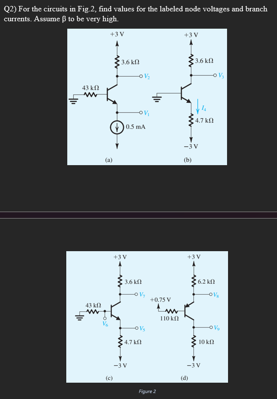 Q2) For the circuits in Fig.2, find values for the labeled node voltages and branch
currents. Assume β to be very high.
+3V
43 ΚΩ
41₁
43 ΚΩ
(a)
(c)
3.6 ΚΩ
(1) 0.5 mA
+3V
-OV₁
| 3.6 ΚΩ
V/₂
=3V
OV₁
4.7 ΚΩ
-OV₂
+0.75 V
Figure 2
110 ΚΩ
+3V
3.6 ΚΩ
4.7 ΚΩ
=3V
(b)
+3V
(d)
-0 V3
6.2 ΚΩ
=3V
-OVs
OV
10 ΚΩ