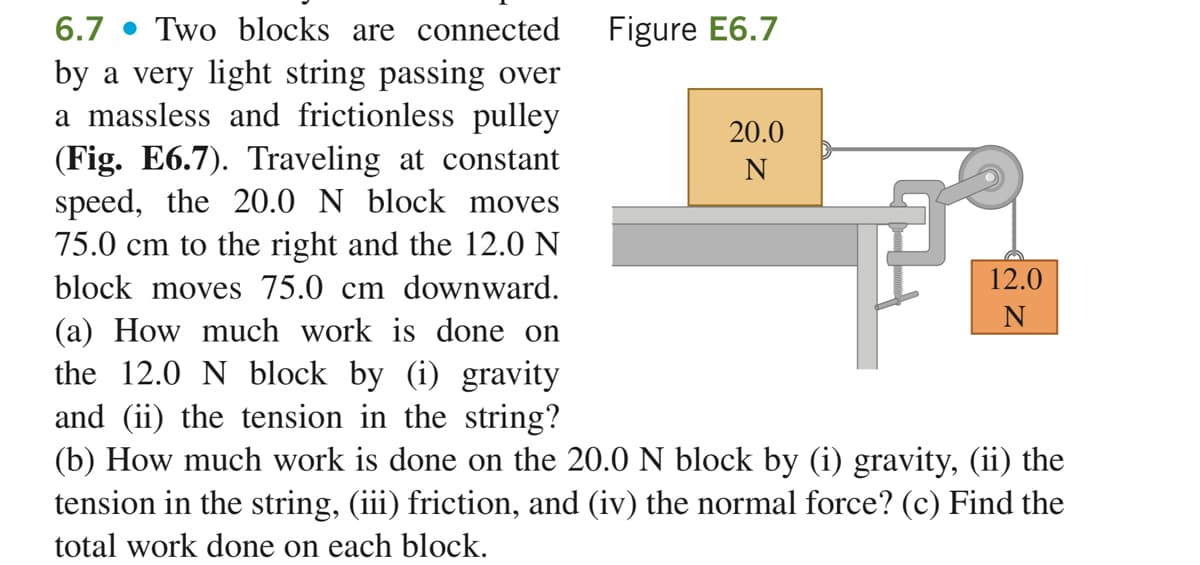 6.7 • Two blocks are connected
Figure E6.7
by a very light string passing over
a massless and frictionless pulley
(Fig. E6.7). Traveling at constant
speed, the 20.0 N block moves
75.0 cm to the right and the 12.0 N
20.0
N
block moves 75.0 cm downward.
12.0
(a) How much work is done on
the 12.0 N block by (i) gravity
and (ii) the tension in the string?
(b) How much work is done on the 20.0 N block
tension in the string, (iii) friction, and (iv) the normal force? (c) Find the
(i) gravity, (ii) the
total work done on each block.
