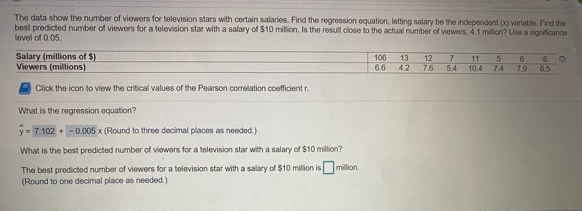 The data show the number of viewers for television stars with certain salaries. Find the regression equation, letting salary be the independent (x) variable. Find the
best predicted number of viewers for a television star with a salary of $10 million. Is the result close to the actual number of viewers, 4.1 million? Use a significance
level of 0.05.
Salary (millions of $)
Viewers (millions)
106
13
12
11
6.
6.6
4.2
7.6
5.4
10.4
7.4
7.9
6.5
Click the icon to view the critical values of the Pearson correlation coefficient r.
What is the regression equation?
y = 7.102 +
0.005 x (Round to three decimal places as needed.)
What is the best predicted number of viewers for a television star with a salary of $10 million?
million.
The best predicted number of viewers for a television star with a salary of $10 million is
(Round to one decimal place as needed.)
