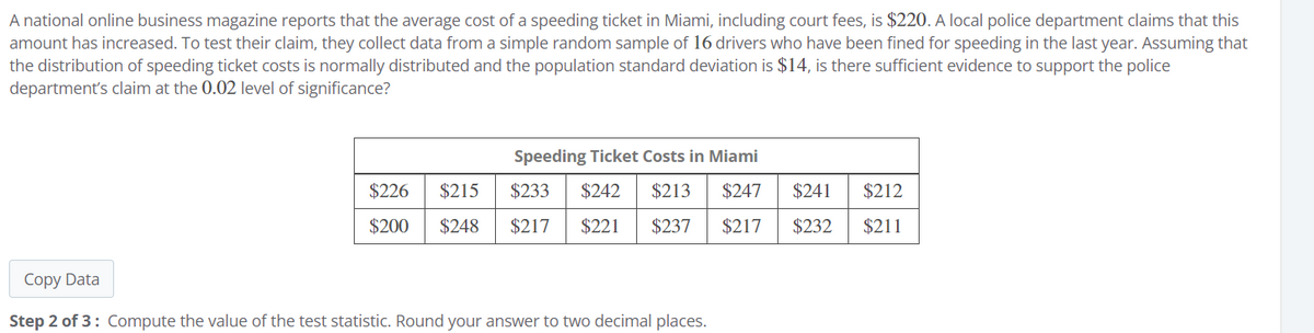 A national online business magazine reports that the average cost of a speeding ticket in Miami, including court fees, is $220. A local police department claims that this
amount has increased. To test their claim, they collect data from a simple random sample of 16 drivers who have been fined for speeding in the last year. Assuming that
the distribution of speeding ticket costs is normally distributed and the population standard deviation is $14, is there sufficient evidence to support the police
department's claim at the 0.02 level of significance?
Speeding Ticket Costs in Miami
$226 $215
$200 $248
$233 $242 $213 $247
$217 $221 $237 $217
$241
$212
$232 $211
Copy Data
Step 2 of 3: Compute the value of the test statistic. Round your answer to two decimal places.
