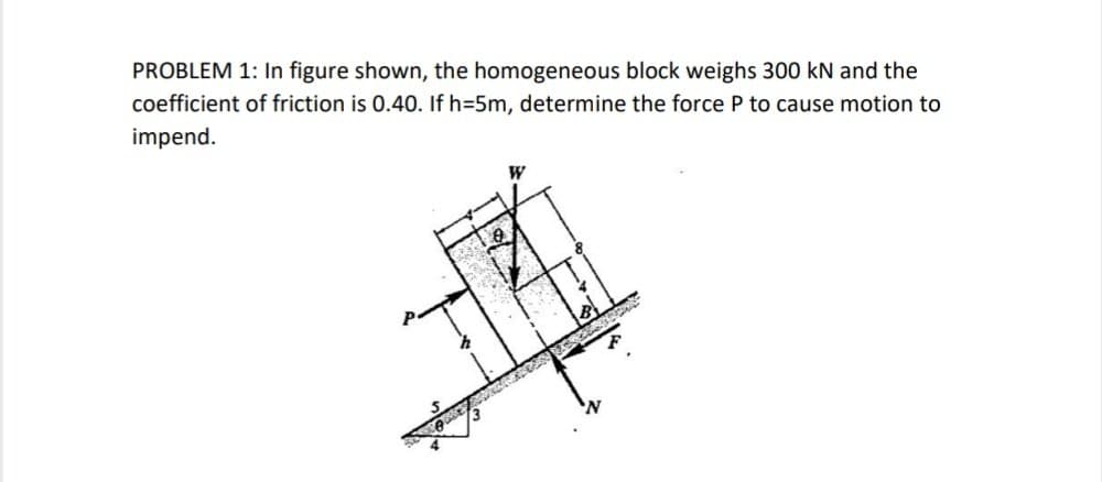 PROBLEM 1: In figure shown, the homogeneous block weighs 300 kN and the
coefficient of friction is 0.40. If h=5m, determine the force P to cause motion to
impend.
W
