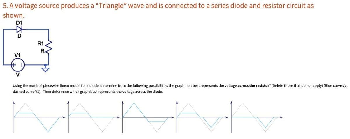 5. A voltage source produces a "Triangle" wave and is connected to a series diode and resistor circuit as
shown.
D1
D
V1
+ I)
R1
R.
Using the nominal piecewise linear model for a diode, determine from the following possibilities the graph that best represents the voltage across the resistor? (Delete those that do not apply) (Blue curve VR,
dashed curve V1). Then determine which graph best represents the voltage across the diode.