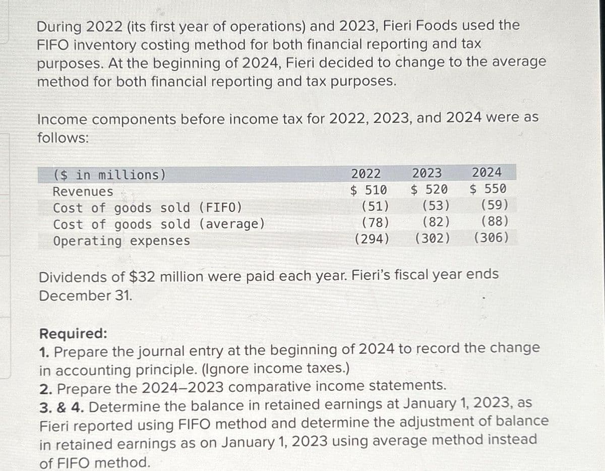 During 2022 (its first year of operations) and 2023, Fieri Foods used the
FIFO inventory costing method for both financial reporting and tax
purposes. At the beginning of 2024, Fieri decided to change to the average
method for both financial reporting and tax purposes.
Income components before income tax for 2022, 2023, and 2024 were as
follows:
($ in millions)
Revenues
Cost of goods sold (FIFO)
Cost of goods sold (average)
Operating expenses
2022
$ 510
(51)
(78)
(294)
2023
2024
$ 520
$ 550
(53)
(59)
(82)
(88)
(302) (306)
Dividends of $32 million were paid each year. Fieri's fiscal year ends
December 31.
Required:
1. Prepare the journal entry at the beginning of 2024 to record the change
in accounting principle. (Ignore income taxes.)
2. Prepare the 2024-2023 comparative income statements.
3. & 4. Determine the balance in retained earnings at January 1, 2023, as
Fieri reported using FIFO method and determine the adjustment of balance
in retained earnings as on January 1, 2023 using average method instead
of FIFO method.