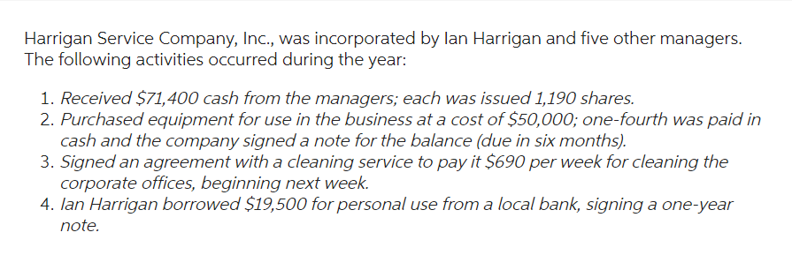 Harrigan Service Company, Inc., was incorporated by lan Harrigan and five other managers.
The following activities occurred during the year:
1. Received $71,400 cash from the managers; each was issued 1,190 shares.
2. Purchased equipment for use in the business at a cost of $50,000; one-fourth was paid in
cash and the company signed a note for the balance (due in six months).
3. Signed an agreement with a cleaning service to pay it $690 per week for cleaning the
corporate offices, beginning next week.
4. Ian Harrigan borrowed $19,500 for personal use from a local bank, signing a one-year
note.