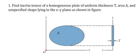 1. Find inertia tensor of a homogeneous plate of uniform thickness T, area A, and
unspecified shape lying in the x-y plane as shown in figure.
