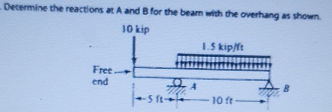 Determine the reactions at A and B for the beam with the overhang as shown.
10 kip
1.5 kip/ft
Free.
end
5 ft+
10 ft
