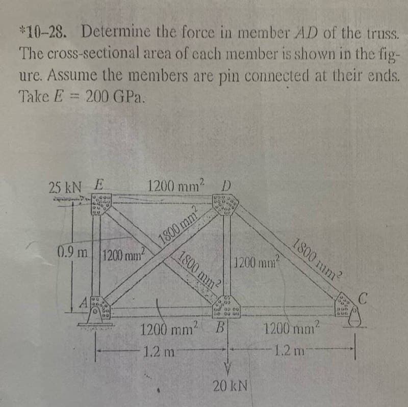 *10-28. Determine the force in member AD of the truss.
The cross-sectional area of each member is shown in the fig-
ure. Assume the members are pin connected at their ends.
Take E = 200 GPa.
25 kN E
1200 mm² D
630
0.9 m 1200 mm²
A
1800 mm
1800 mm²
1200 mm²
1800 mm²
99
od 30 00
60 00 00
1200 mm² B
1.2 m
20 kN
1200 mm²
1.2 m
GUG
C