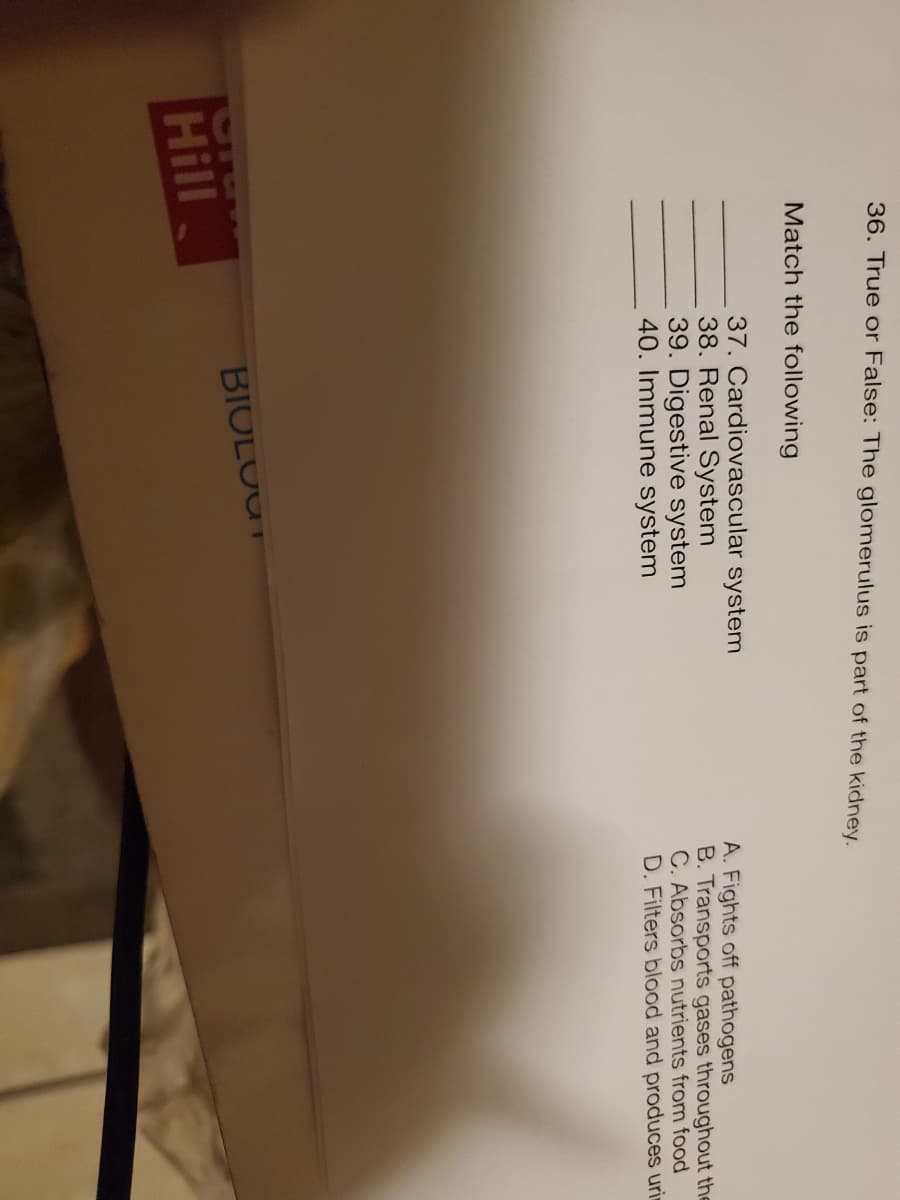 36. True or False: The glomerulus is part of the kidney.
Match the following
37. Cardiovascular system
38. Renal System
39. Digestive system
40. Immune system
A. Fights off pathogens
B. Transports gases throughout the
C. Absorbs nutrients from food
D. Filters blood and produces uri
BIOLOUT
Hill
