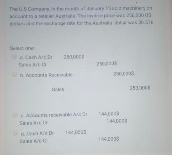 The US Company, In the month of January 15 sold machinery on
account to a retailer Australia. The invoice price was 250,000 US
dollars and the exchange rate for the Australia dollar was $0.576.
Select one:
a. Cash A/c Dr
250,000$
Sales A/c Cr
250,000$
b. Accounts Receivable
250,000$
Sales
250,000$
144,000$
144,000$
c. Accounts receivable A/c Dr
Sales A/c Cr
d. Cash A/c Dr
144,000$
144,000$
Sales A/c Cr
