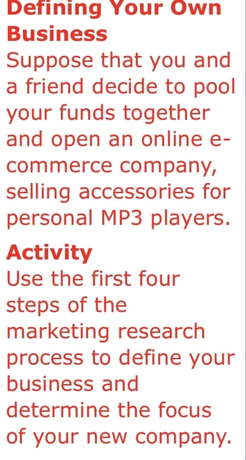 Defining Your Own
Business
Suppose that you and
a friend decide to pool
your funds together
and open an online e-
commerce company,
selling accessories for
personal MP3 players.
Activity
Use the first four
steps of the
marketing research
process to define your
business and
determine the focus
of your new company.
