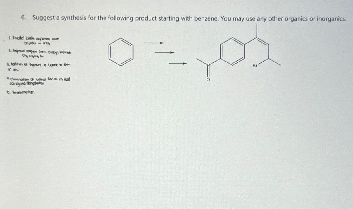 6. Suggest a synthesis for the following product starting with benzene. You may use any other organics or inorganics.
1. Friedel Crafts acylation with
CH, COCIAK
2. Gagrard reagers from propyl bonek
CHCHYCH BY
3. Addition of fignard to ketore to form
8' Oc
elinalon of water for = in and
Col alyzed denycation
6. Bromination
=
Br