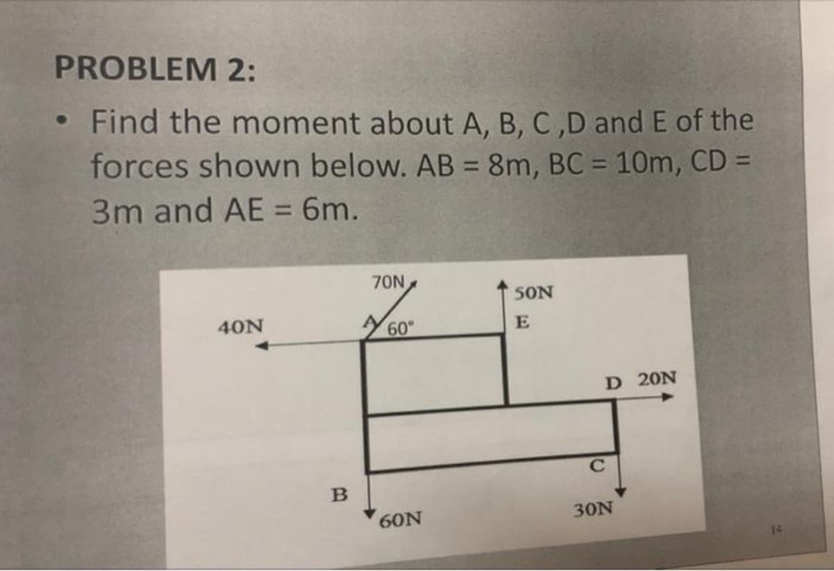 PROBLEM 2:
●
Find the moment about A, B, C,D and E of the
forces shown below. AB = 8m, BC = 10m, CD =
3m and AE = 6m.
70N
SON
40N
E
D 20N
B
Y
60°
60N
C
30N