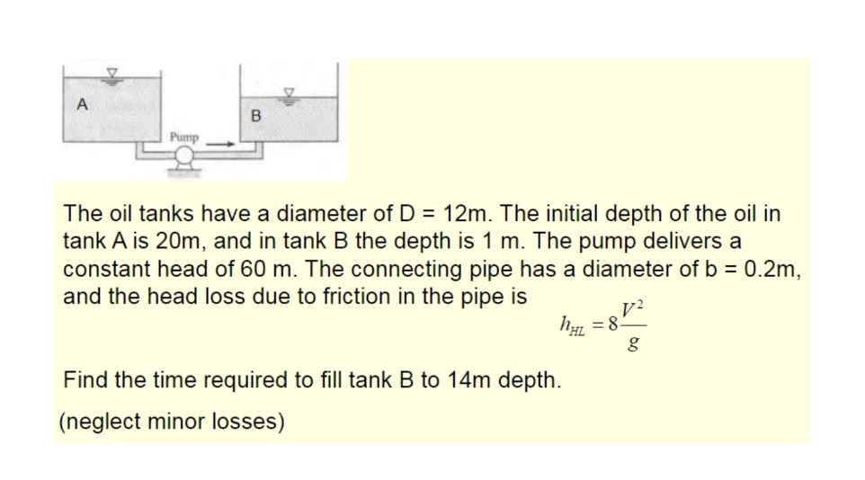 A
Pump
The oil tanks have a diameter of D = 12m. The initial depth of the oil in
tank A is 20m, and in tank B the depth is 1 m. The pump delivers a
constant head of 60 m. The connecting pipe has a diameter of b = 0.2m,
and the head loss due to friction in the pipe is
h = 8-
Find the time required to fill tank B to 14m depth.
(neglect minor losses)
