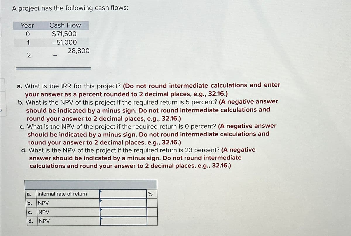 A project has the following cash flows:
Year
Cash Flow
0
$71,500
1
-51,000
28,800
2
a. What is the IRR for this project? (Do not round intermediate calculations and enter
your answer as a percent rounded to 2 decimal places, e.g., 32.16.)
b. What is the NPV of this project if the required return is 5 percent? (A negative answer
should be indicated by a minus sign. Do not round intermediate calculations and
round your answer to 2 decimal places, e.g., 32.16.)
c. What is the NPV of the project if the required return is O percent? (A negative answer
should be indicated by a minus sign. Do not round intermediate calculations and
round your answer to 2 decimal places, e.g., 32.16.)
d. What is the NPV of the project if the required return is 23 percent? (A negative
answer should be indicated by a minus sign. Do not round intermediate
calculations and round your answer to 2 decimal places, e.g., 32.16.)
a.
Internal rate of return
b.
NPV
C.
NPV
d.
NPV
%