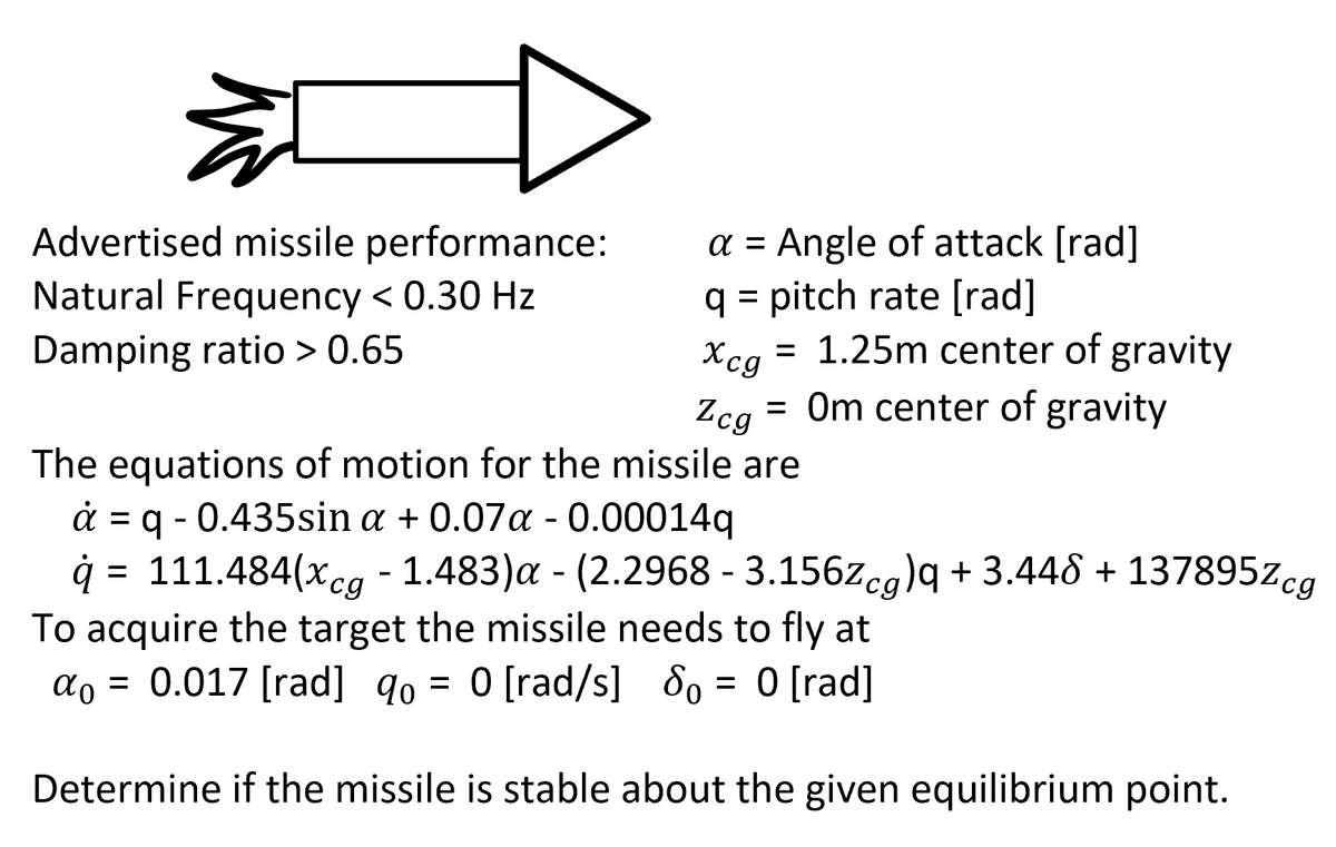 汇
Advertised missile performance:
Natural Frequency < 0.30 Hz
Damping ratio > 0.65
a = Angle of attack [rad]
q = pitch rate [rad]
= 1.25m center of gravity
Xcg
Zcg = Om center of gravity
The equations of motion for the missile are
a = q - 0.435sin a + 0.07a -0.00014q
q = 111.484(xcg - 1.483)a - (2.2968 - 3.156zcg)q +3.448 + 137895Zcg
To acquire the target the missile needs to fly at
α = 0.017 [rad] qo= 0 [rad/s] = 0 [rad]
So
Determine if the missile is stable about the given equilibrium point.
