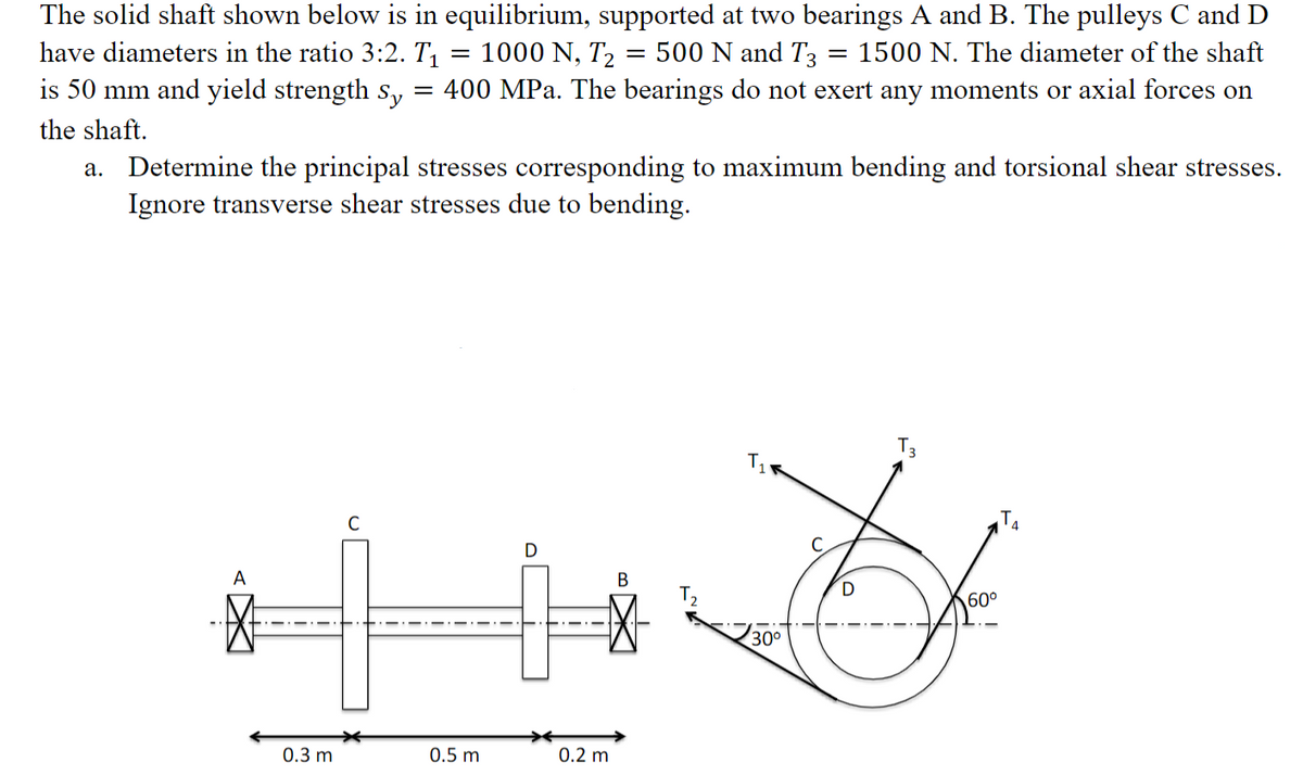 The solid shaft shown below is in equilibrium, supported at two bearings A and B. The pulleys C and D
have diameters in the ratio 3:2. T₁ = 1000 N, T₂ = 500 N and T3 = 1500 N. The diameter of the shaft
is 50 mm and yield strength sy 400 MPa. The bearings do not exert any moments or axial forces on
=
the shaft.
a. Determine the principal stresses corresponding to maximum bending and torsional shear stresses.
Ignore transverse shear stresses due to bending.
C
A
H
0.3 m
0.5 m
0.2 m
B
T₁
30°
T3
60°
TA