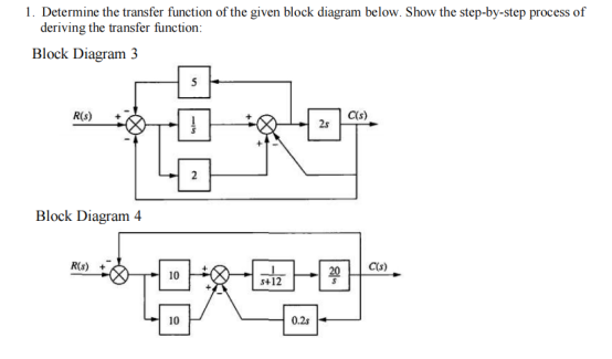 1. Determine the transfer function of the given block diagram below. Show the step-by-step process of
deriving the transfer function:
Block Diagram 3
R(s)
C(s)
25
곰구마
Block Diagram 4
R(s)
C(s)
10
5+12
담 꿈과
10
0.2s