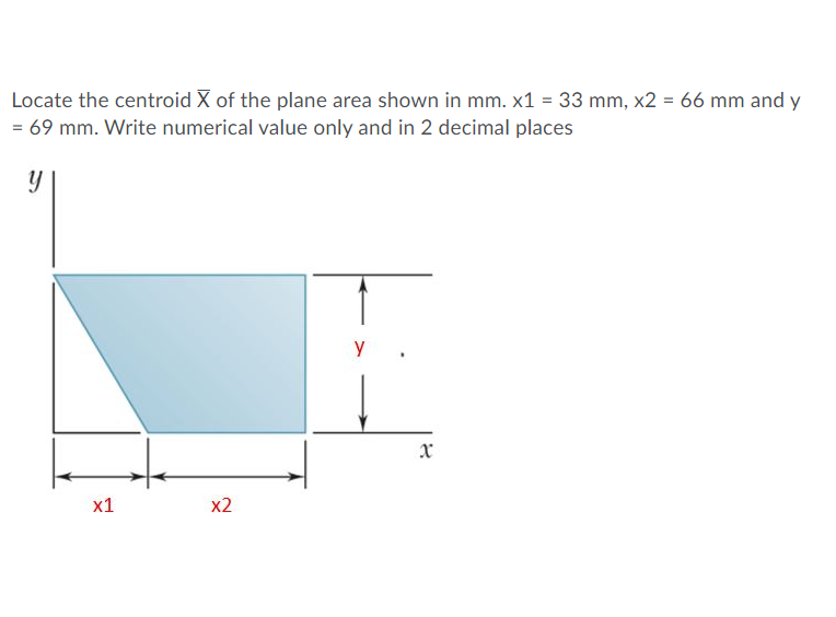 Locate the centroid X of the plane area shown in mm. x1 = 33 mm, x2 = 66 mm and y
= 69 mm. Write numerical value only and in 2 decimal places
х1
x2
